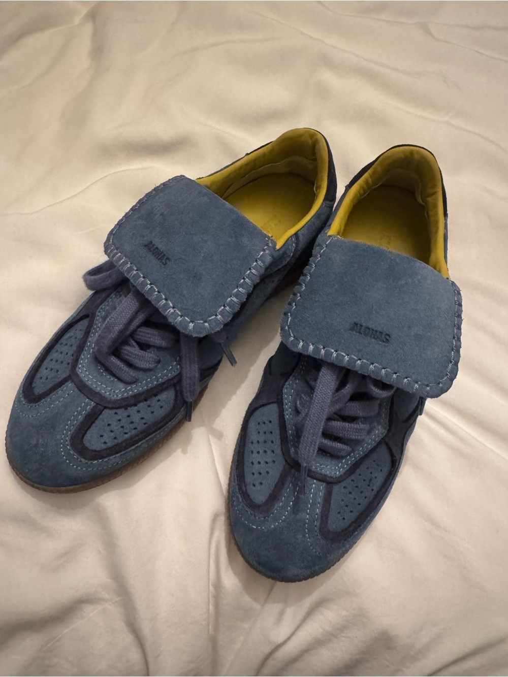 ALOHAS Blue Suede Sneakers with Yellow Lining